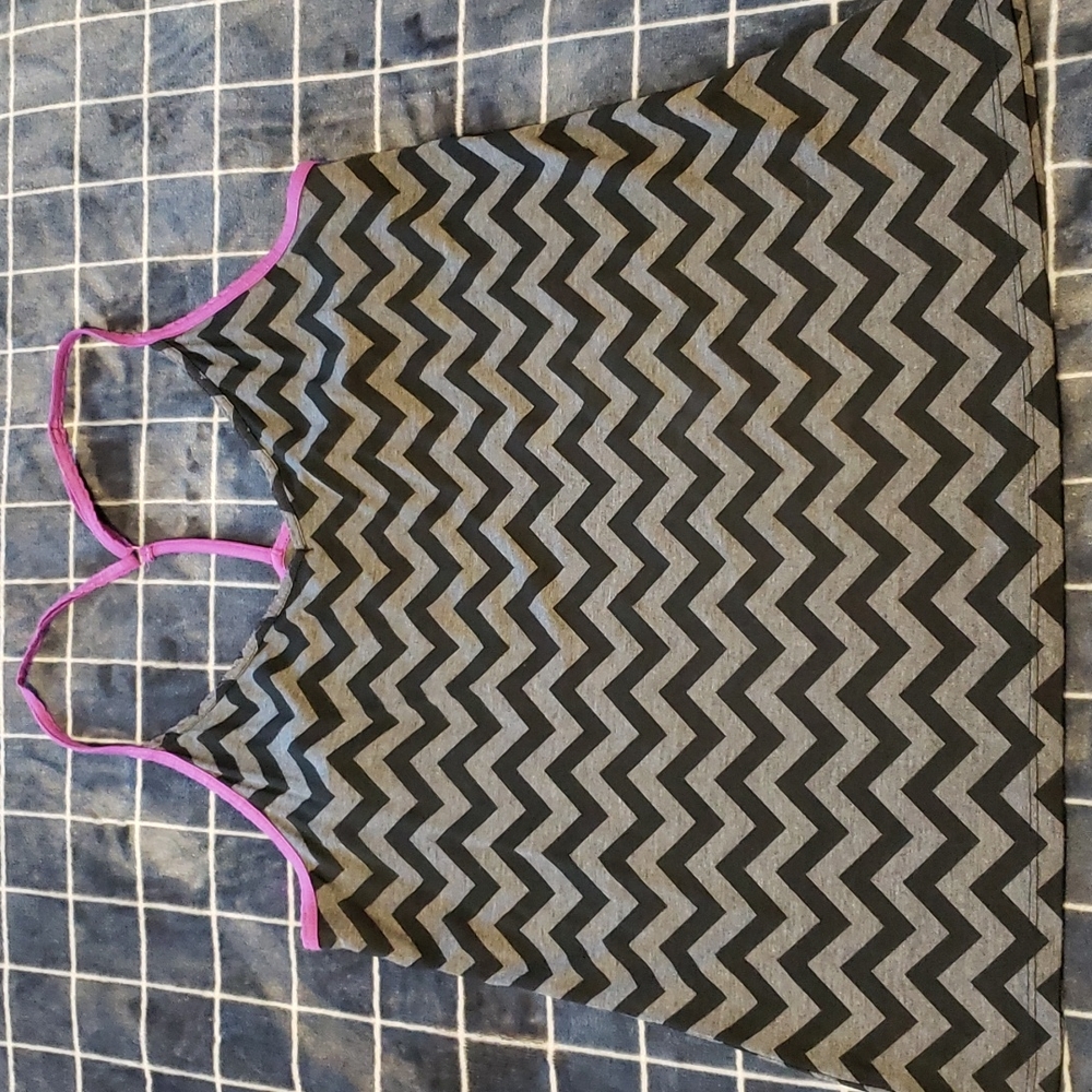 STRAPPY TANK TOP - Black Gray Herringbone w/ Purple Racerback Straps Size XL
